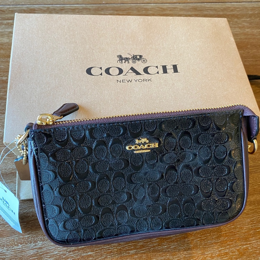 Coach Nolitta Wristlet Signature Debossed Black Oxblood Patent Leather Large NEW
